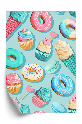 Tapeta Lody ciastka pączki na niebieskim tle