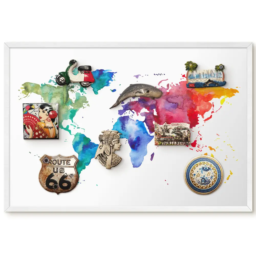 Tablica na magnesy w białej ramie z kolorową mapą świata w stylu akwareli