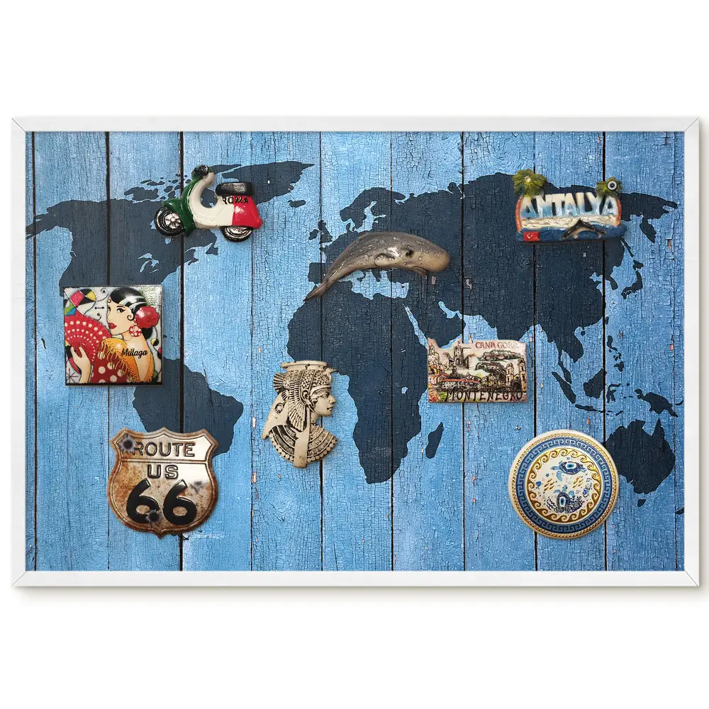 Tablica metalowa magnetyczna Mapa świata na drewnianym tle