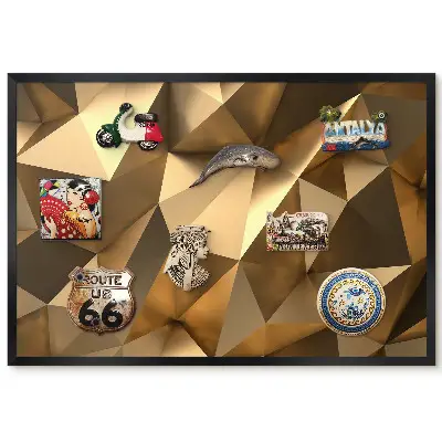 Metalowa tablica magnetyczna w czarnej ramie z motywem geometrycznych kryształów w ciepłych barwach