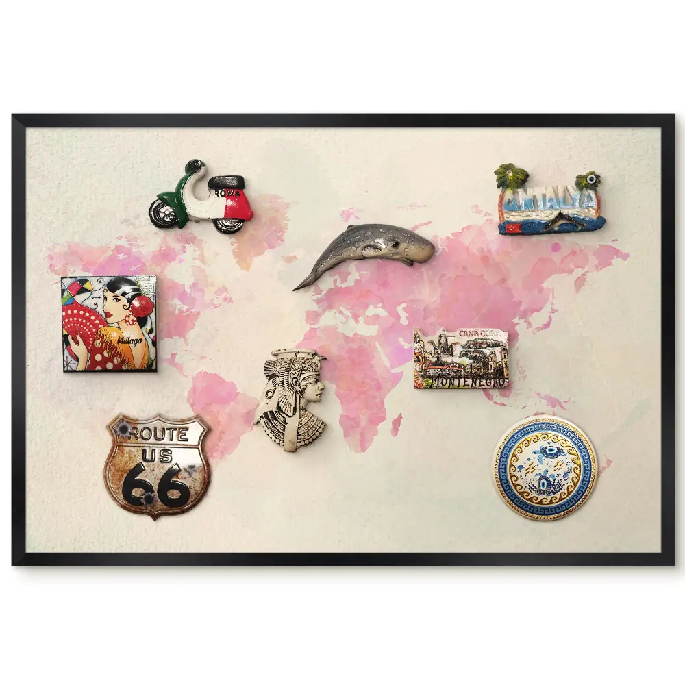 Tablica magnetyczna z motywem akwarelowej mapy świata w czarnej ramie