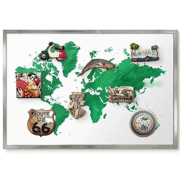Tablica magnetyczna w srebrnej ramie z motywem akwarelowej mapy w odcieniach zieleni