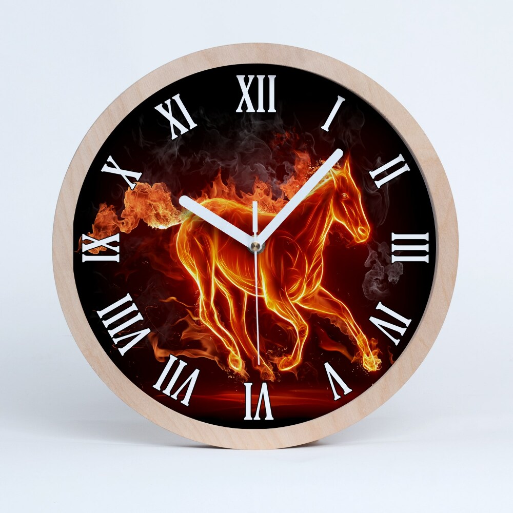 Zegar ścienny drewniany Koń w płomieniach