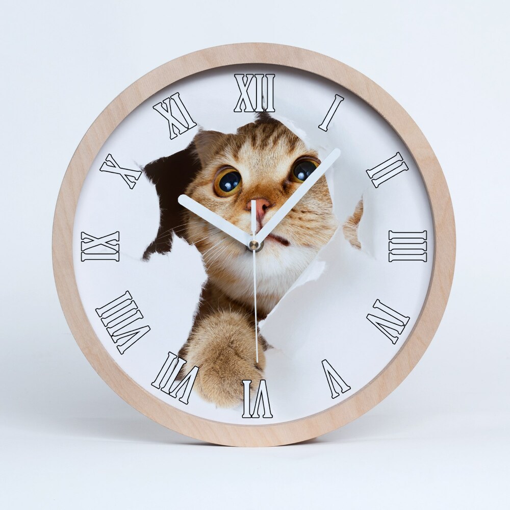 Zegar ścienny drewniany Kot w dziurze