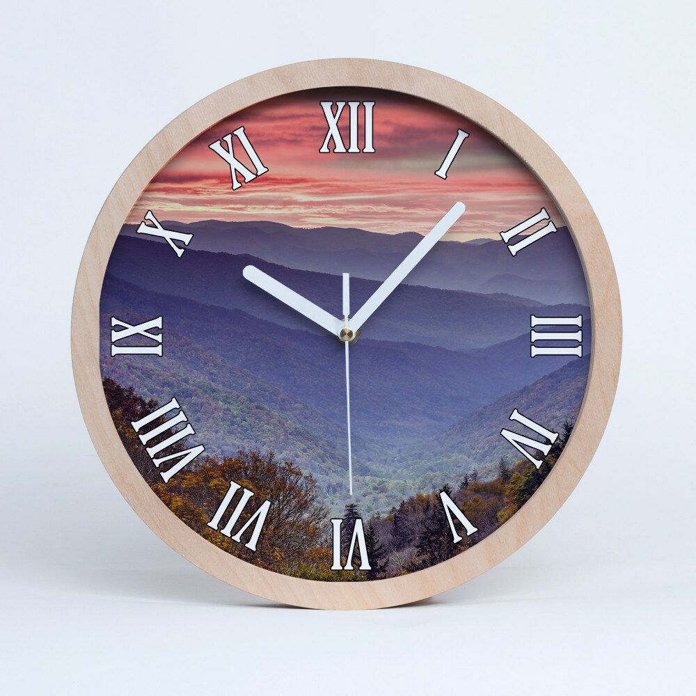 Zegar na ścianę drewniany Zachód słońca góry