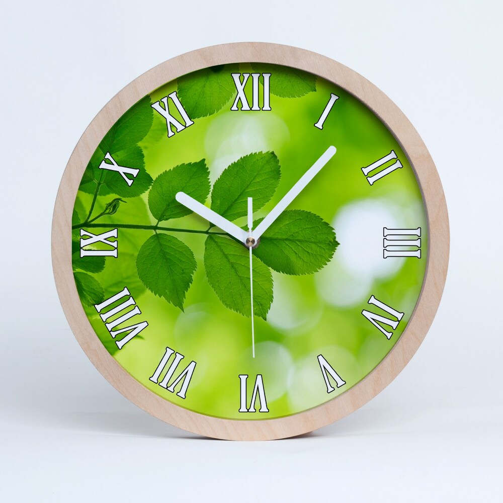 Zegar ścienny drewniany Zielone liście