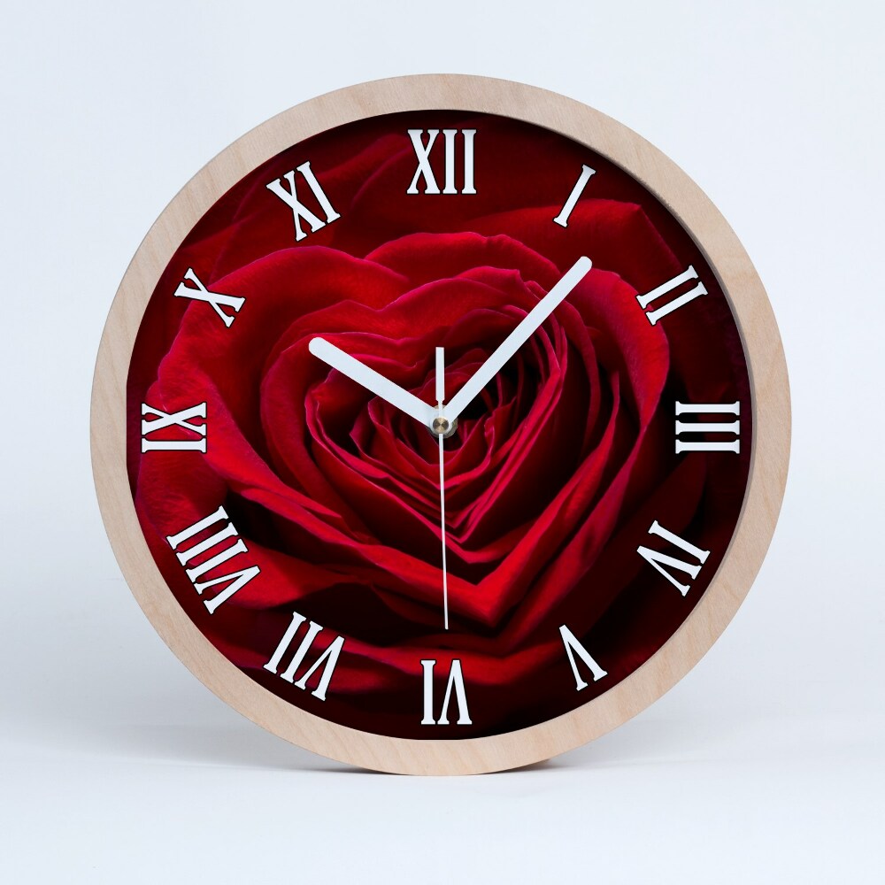 Zegar na ścianę drewniany Czerwona róża serca