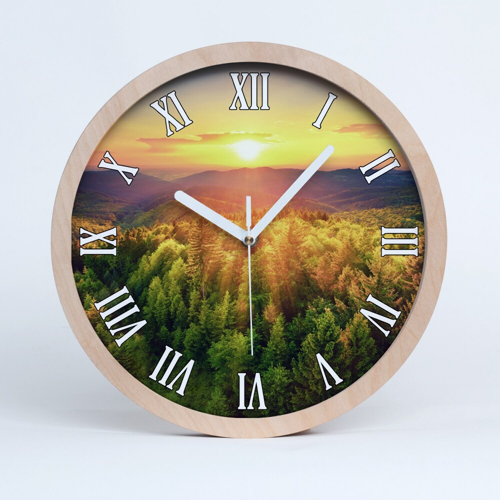 Zegar na ścianę drewniany Las zachód słońca