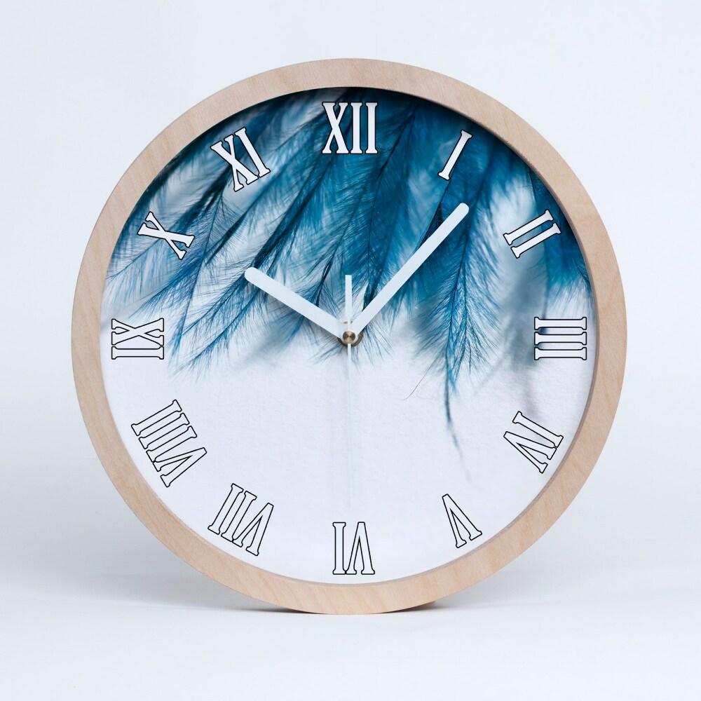 Drewniany zegar Niebieskie pióra