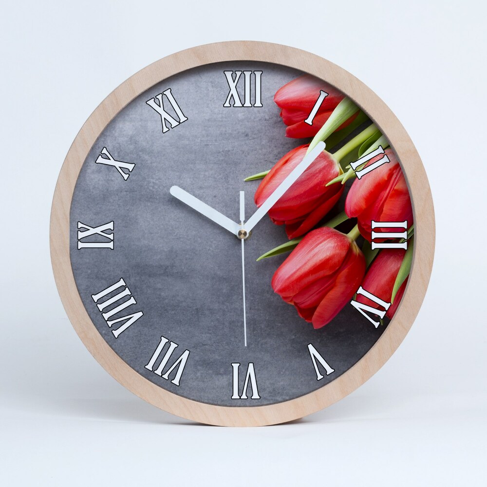 Zegar ścienny drewniany Czerwone tulipany