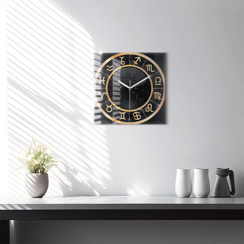 Zegar szklany 30x30 Czarne znaki zodiaku