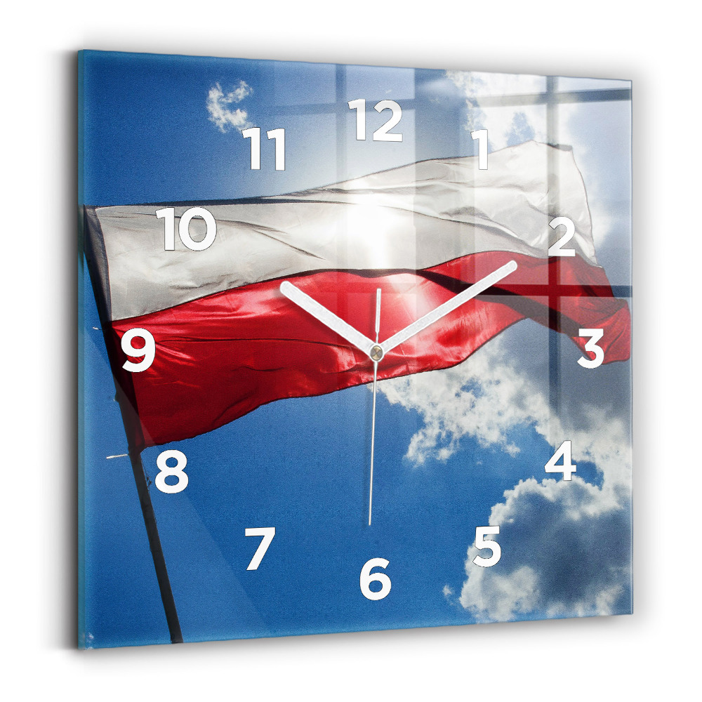 Zegar szklany 30x30 Flaga Polski na tle nieba