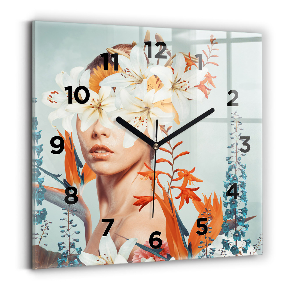 Zegar szklany 30x30 Kobieta z kwiatami