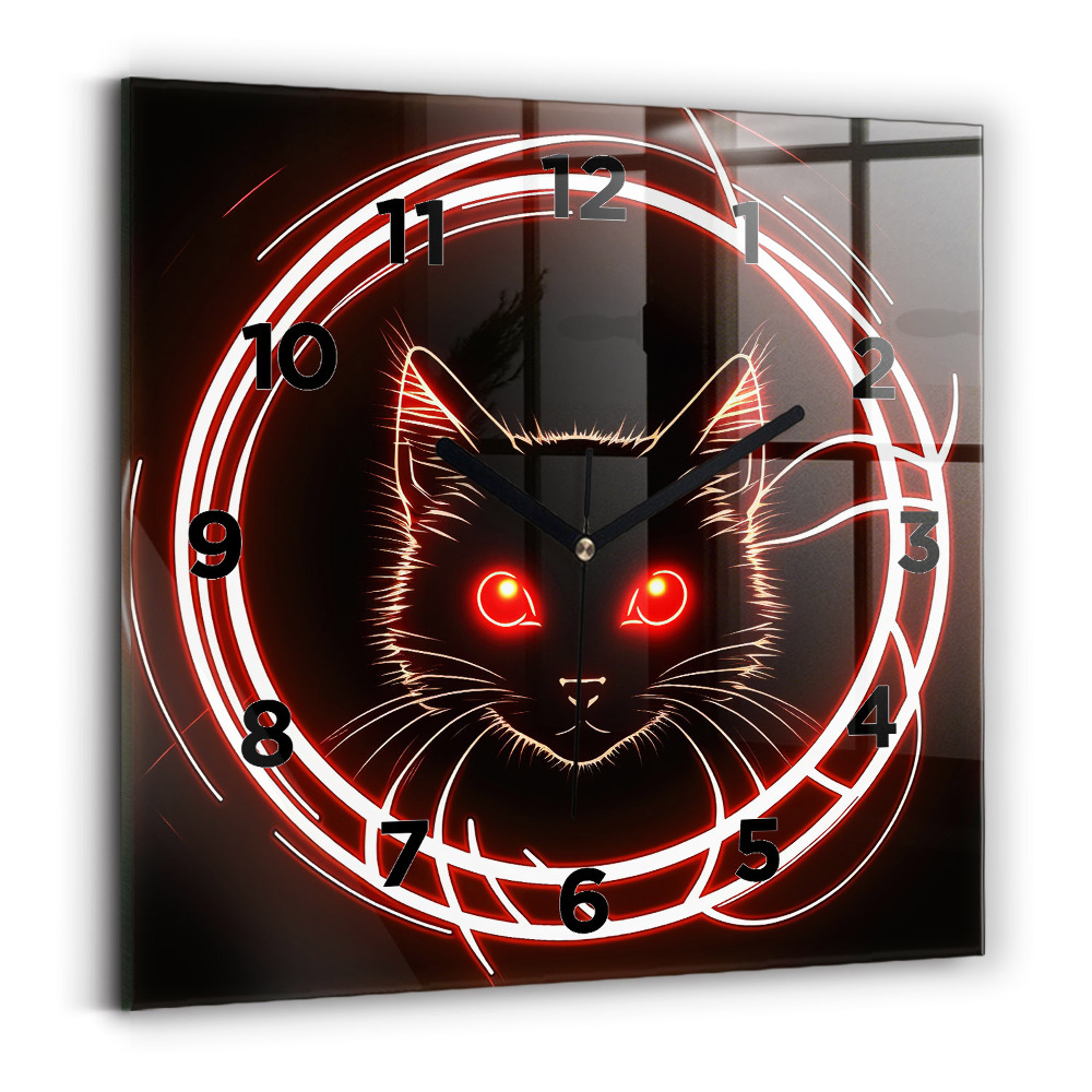 Zegar szklany 30x30 Kot z czerwonymi oczami
