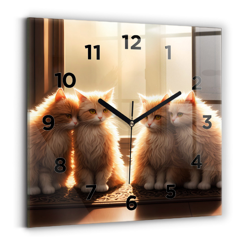 Zegar szklany 30x30 Cztery kotki w słońcu