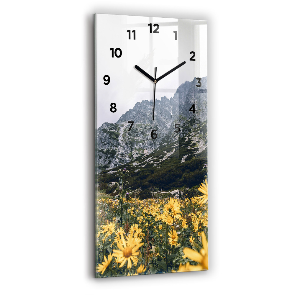 Zegar szklany 30x60 Łąka kwiaty w górach
