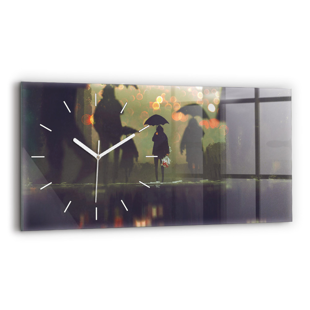 Zegar szklany 60x30 Ludzie z parasolami