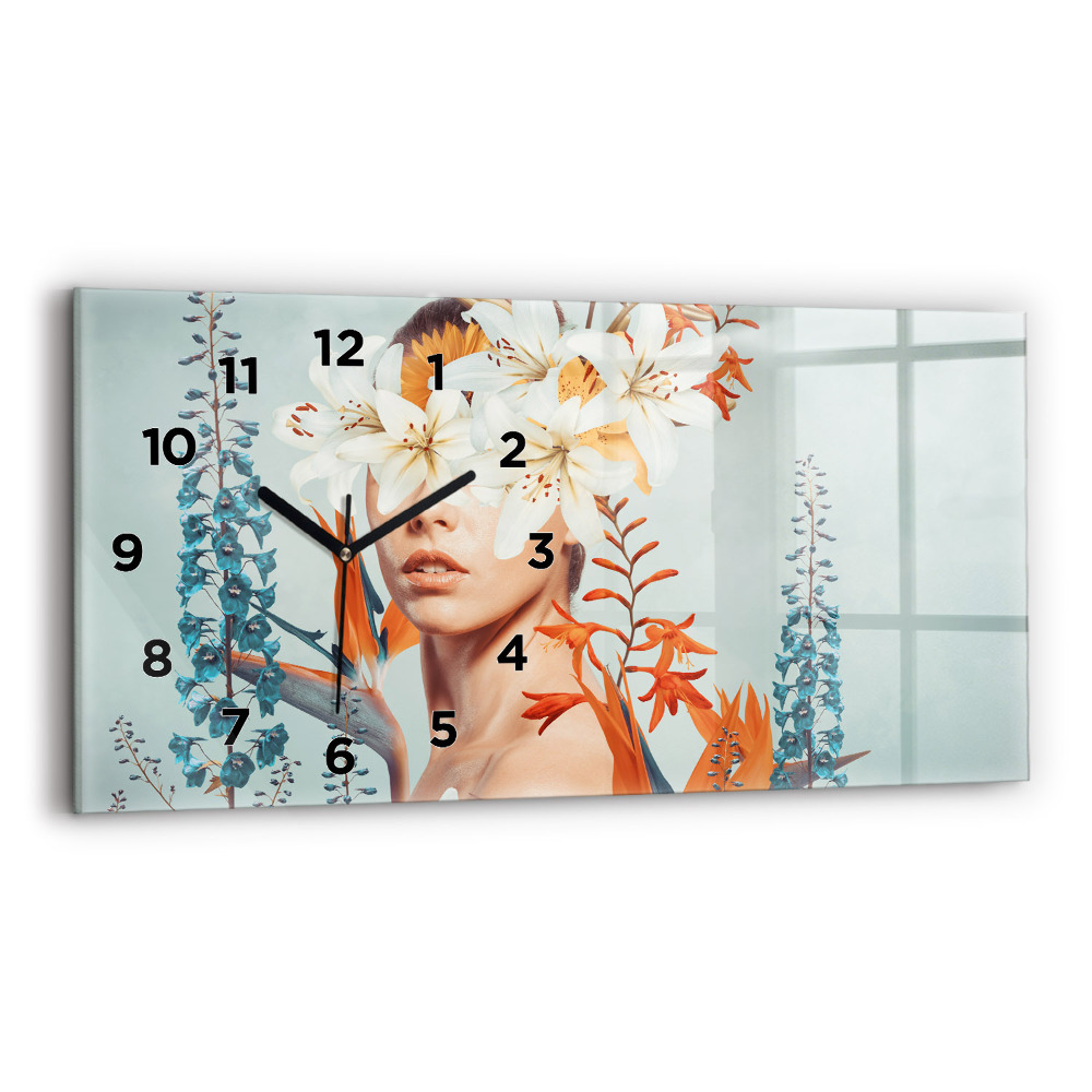 Zegar szklany 60x30 Kobieta z kwiatami
