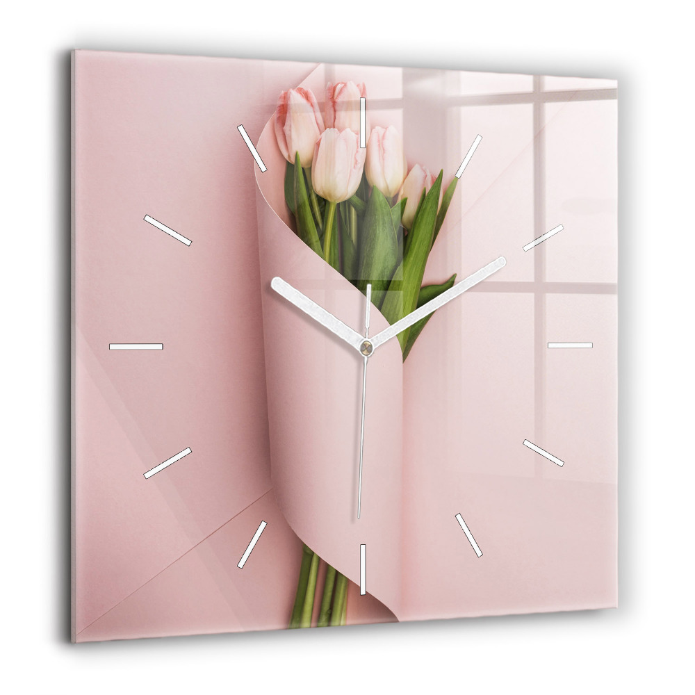 Zegar szklany 60x60 Bukiet kwiatów tulipanów