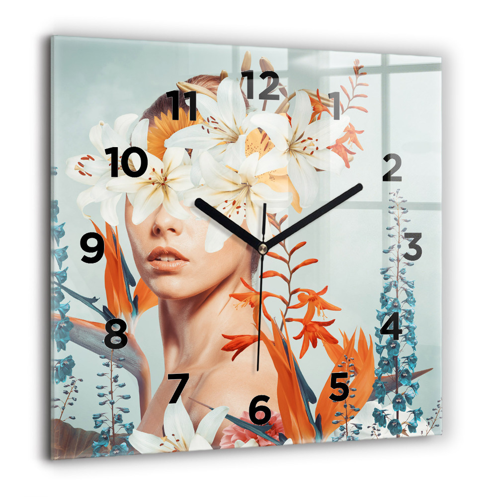 Zegar szklany 60x60 Kobieta z kwiatami