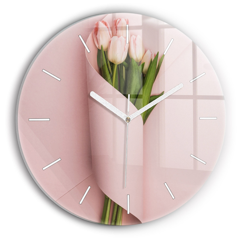 Zegar szklany fi30 Bukiet kwiatów tulipanów