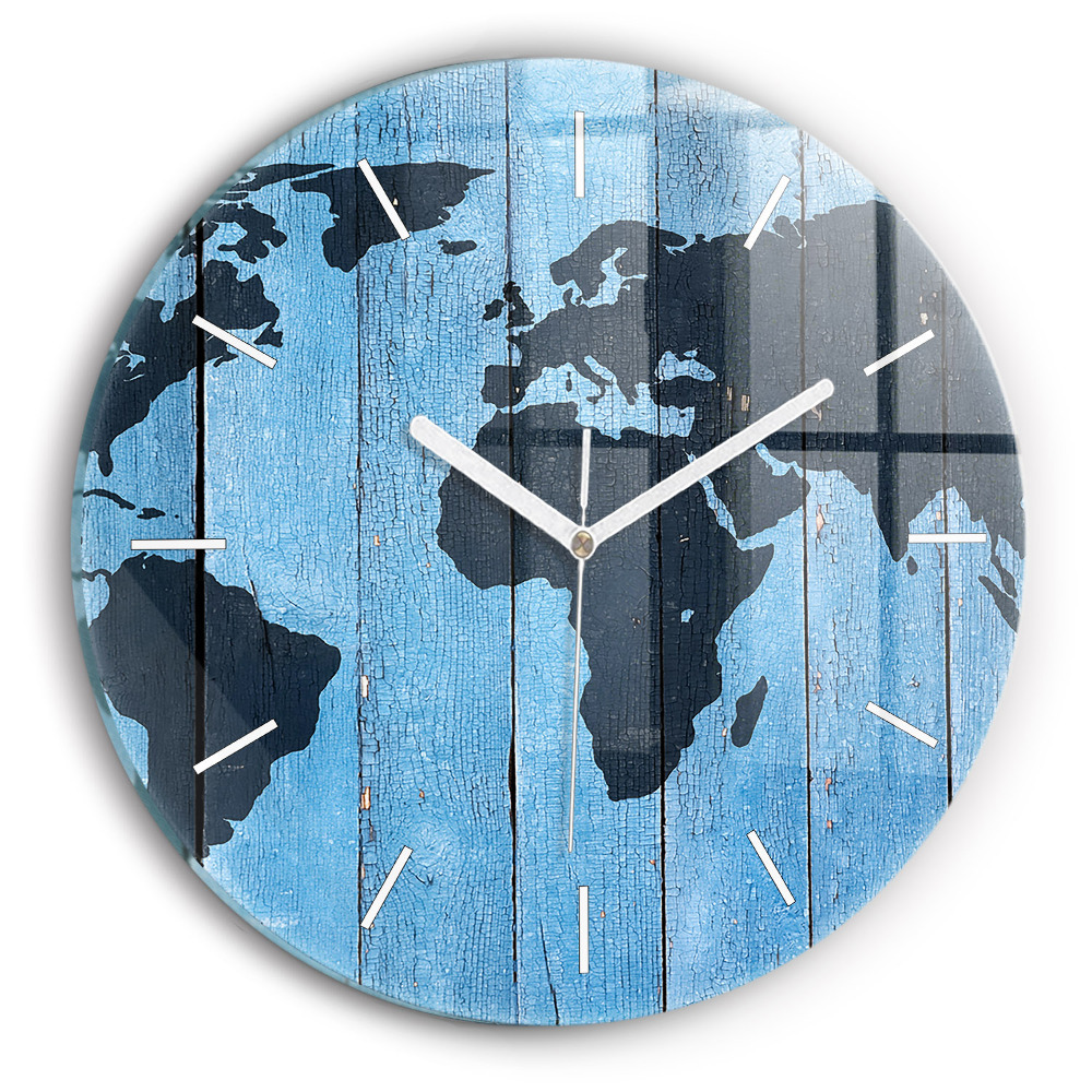 Zegar szklany fi30 Mapa świata na deskach