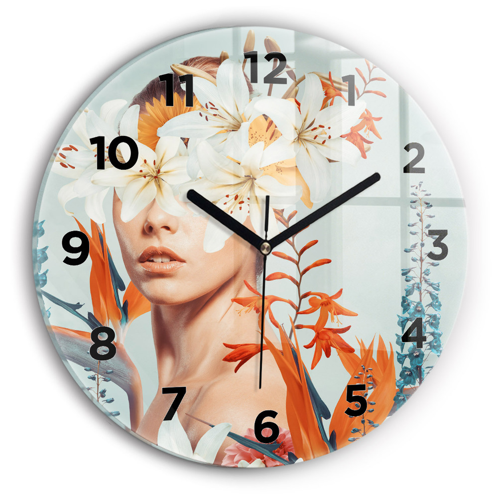 Zegar szklany fi30 Kobieta z kwiatami