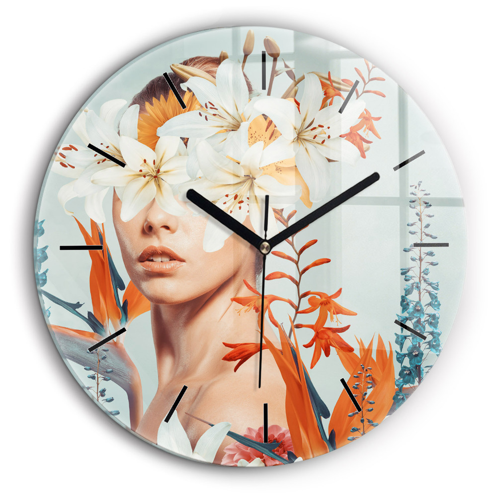 Zegar szklany fi60 Kobieta z kwiatami