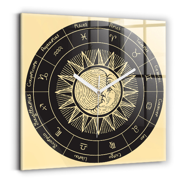 Zegar szklany kwadratowy Zodiaki i Słońce