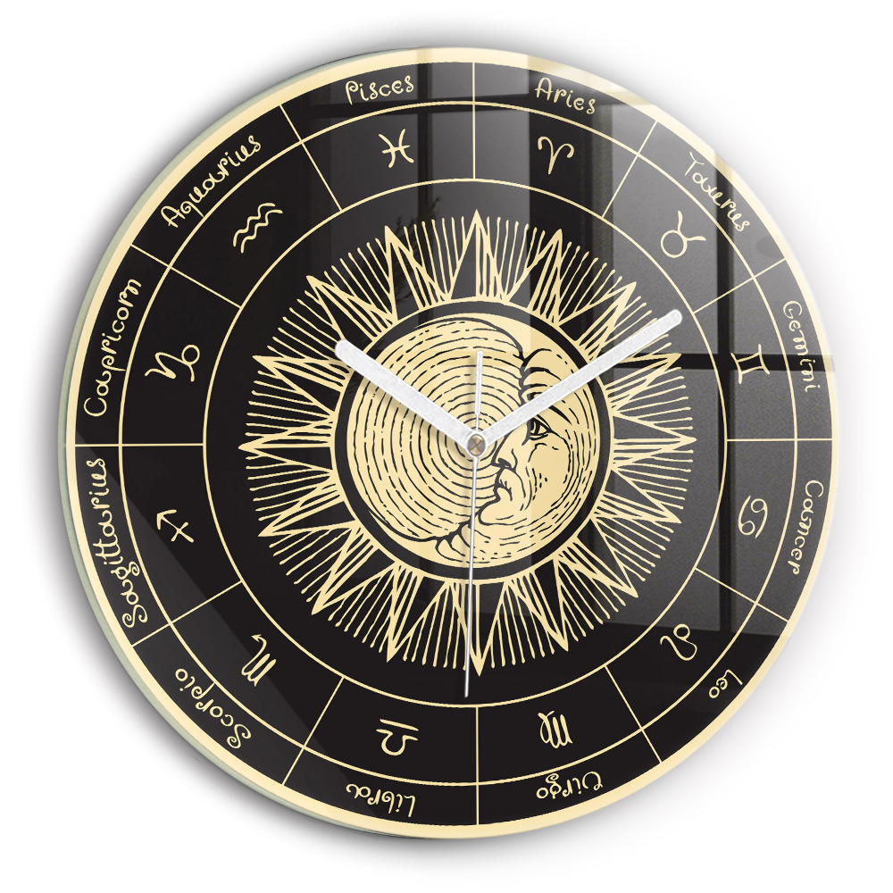 Zegar szklany okrągły Zodiaki i Słońce